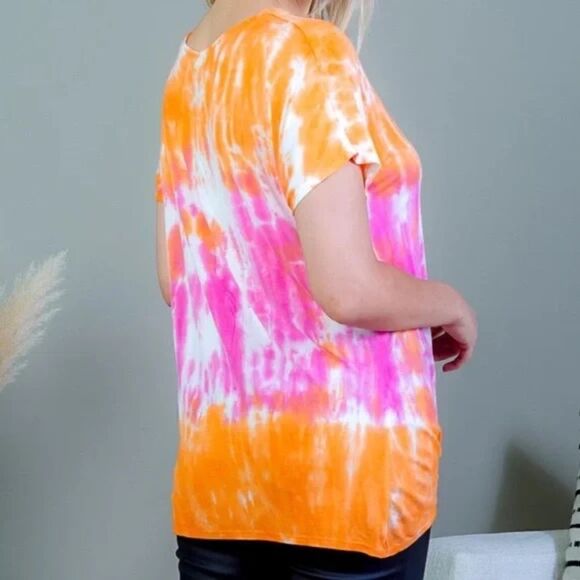 ALLIE & ROB Summer Top Tie Knot Hem Short Sleeve Orange Pink - Picture 4 of 4